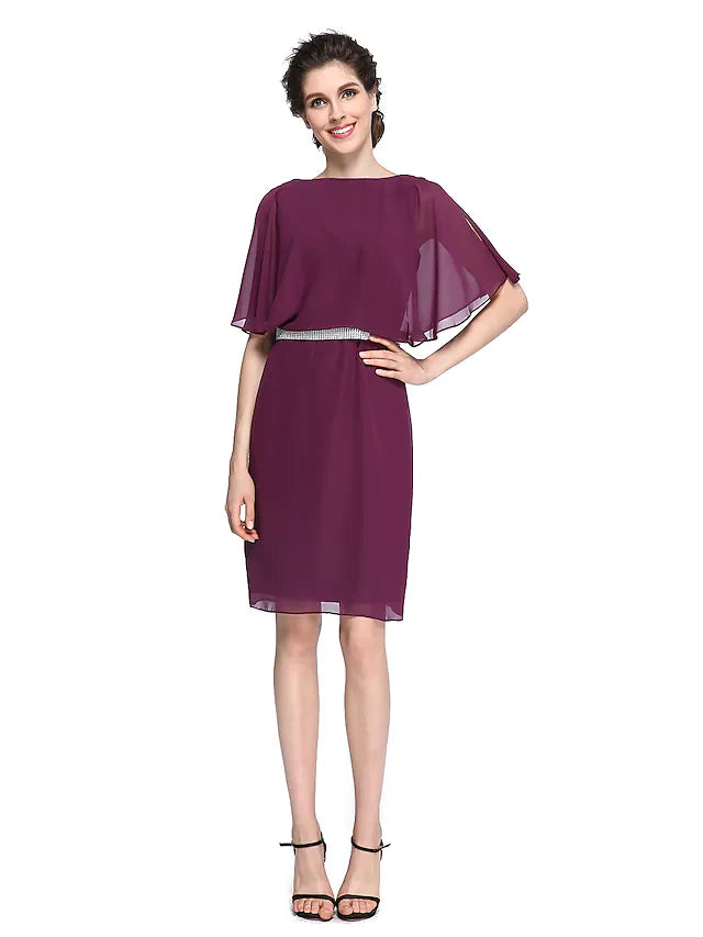 Wholesale Mother of the Bride Dress Elegant Bateau Neck Knee Length Chiffon Half Sleeve with Crystals